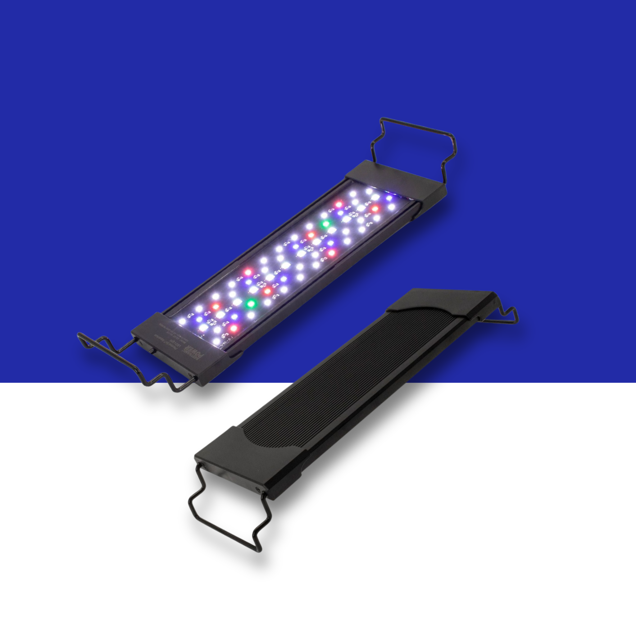 Two black RGB LED Aquarium light bars shown on a split blue-and-white background. One bar is open, displaying multiple illuminated LED lights in red, green, blue, and white, while the other is closed, showing its outer housing and wire bracket stands.