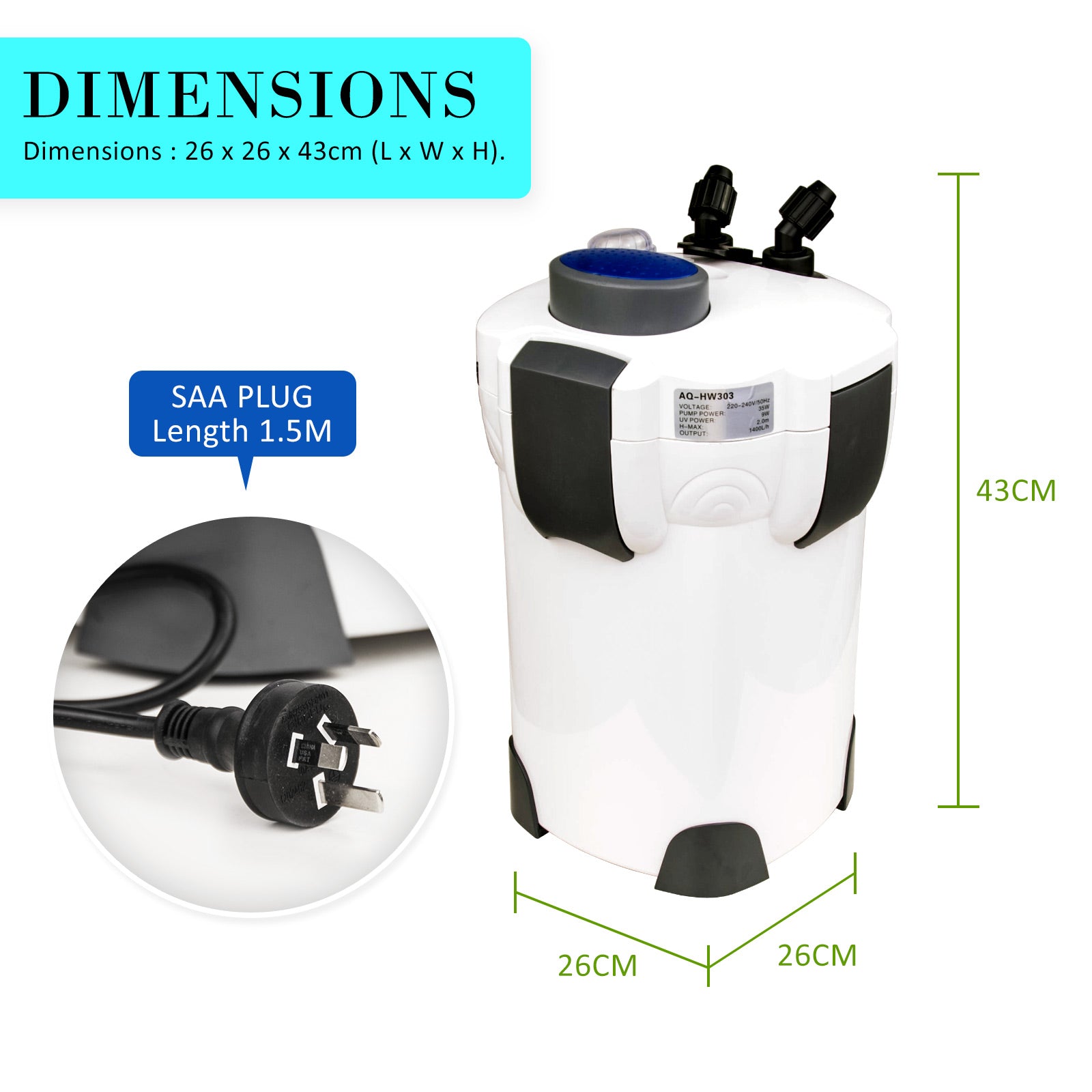 White and black Dynamic Power 1400LH Canister Filter with dimensions and SAA plug details on a white background