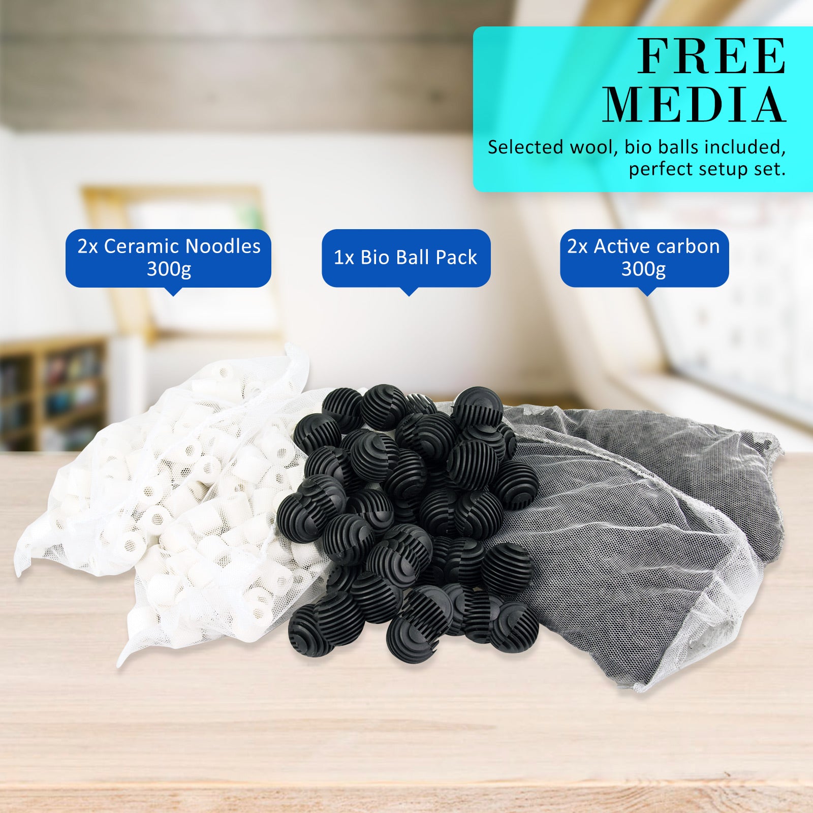 Aquarium media including ceramic noodles, bio balls, and active carbon provided with the Dynamic Power 1400LH Canister Filter on a wooden surface.