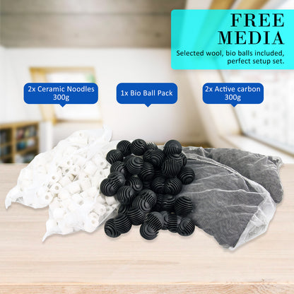 Aquarium media including ceramic noodles, bio balls, and active carbon provided with the Dynamic Power 1400LH Canister Filter on a wooden surface.