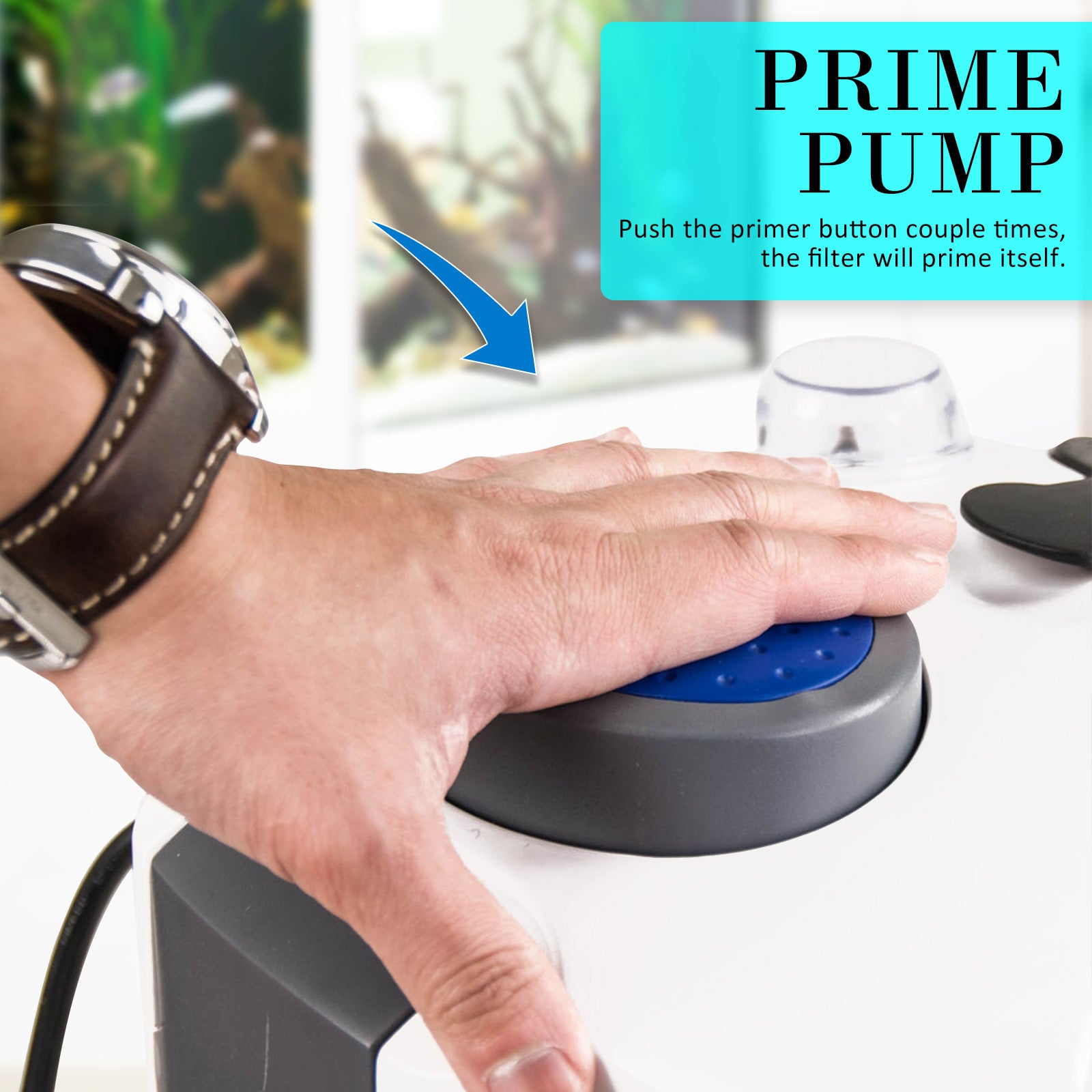 Hand using a Prime Pump with text instructions on how to use it for the Dynamic Power 1400LH Canister Filter.