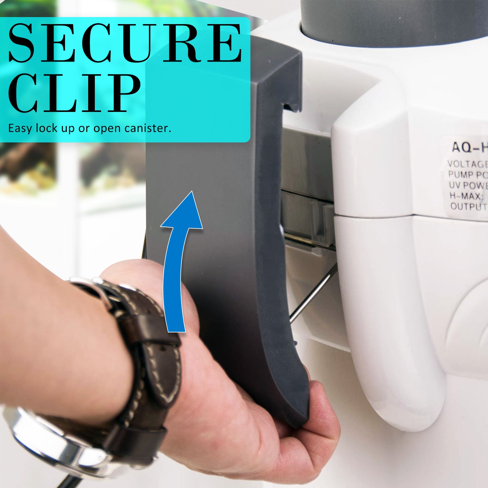 Hand using a secure clip to lock up for Dynamic Power 1400LH Canister Filter with text overlay.