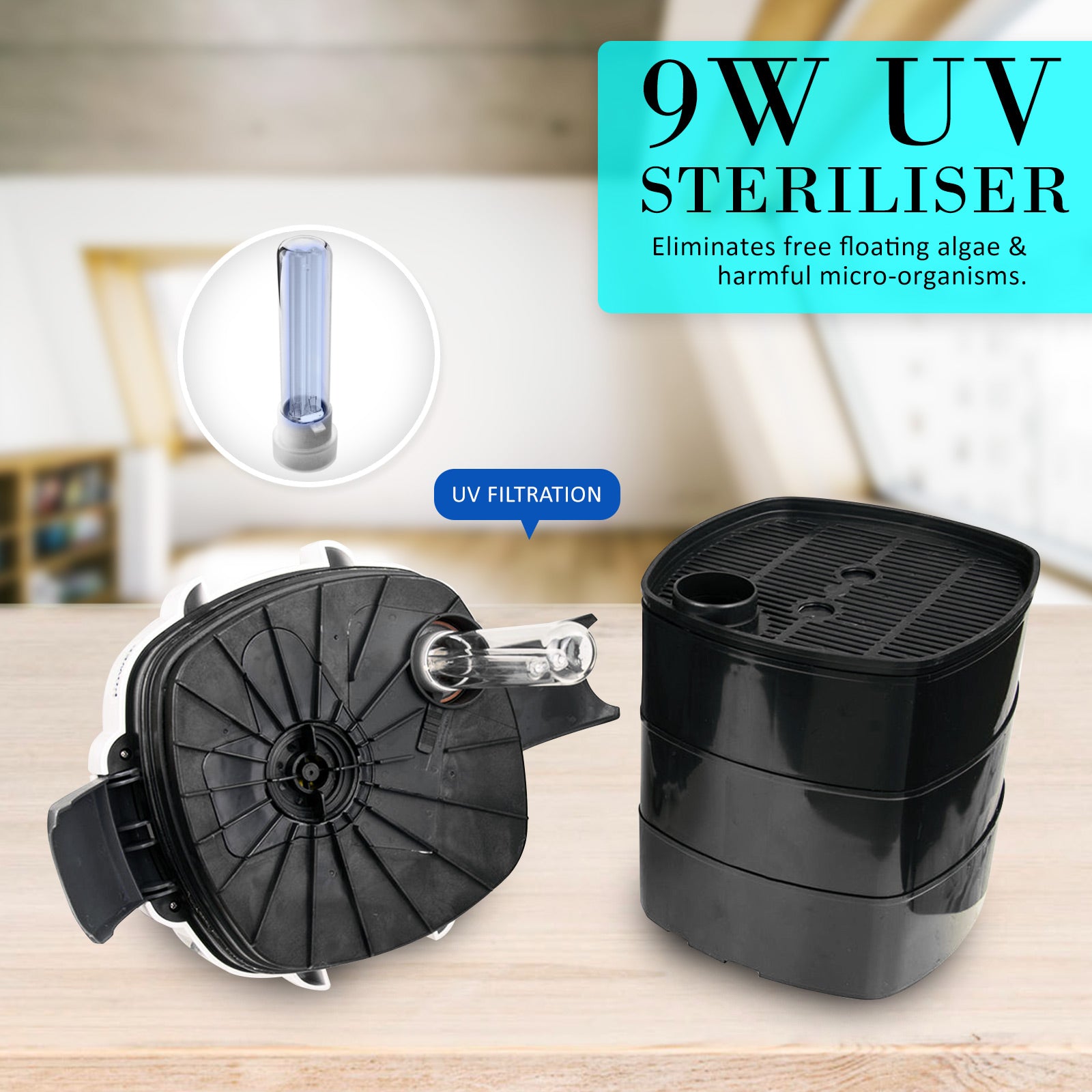 9W UV steriliser for the Dynamic Power 1400LH Canister Filter on a wooden surface with a blurred background