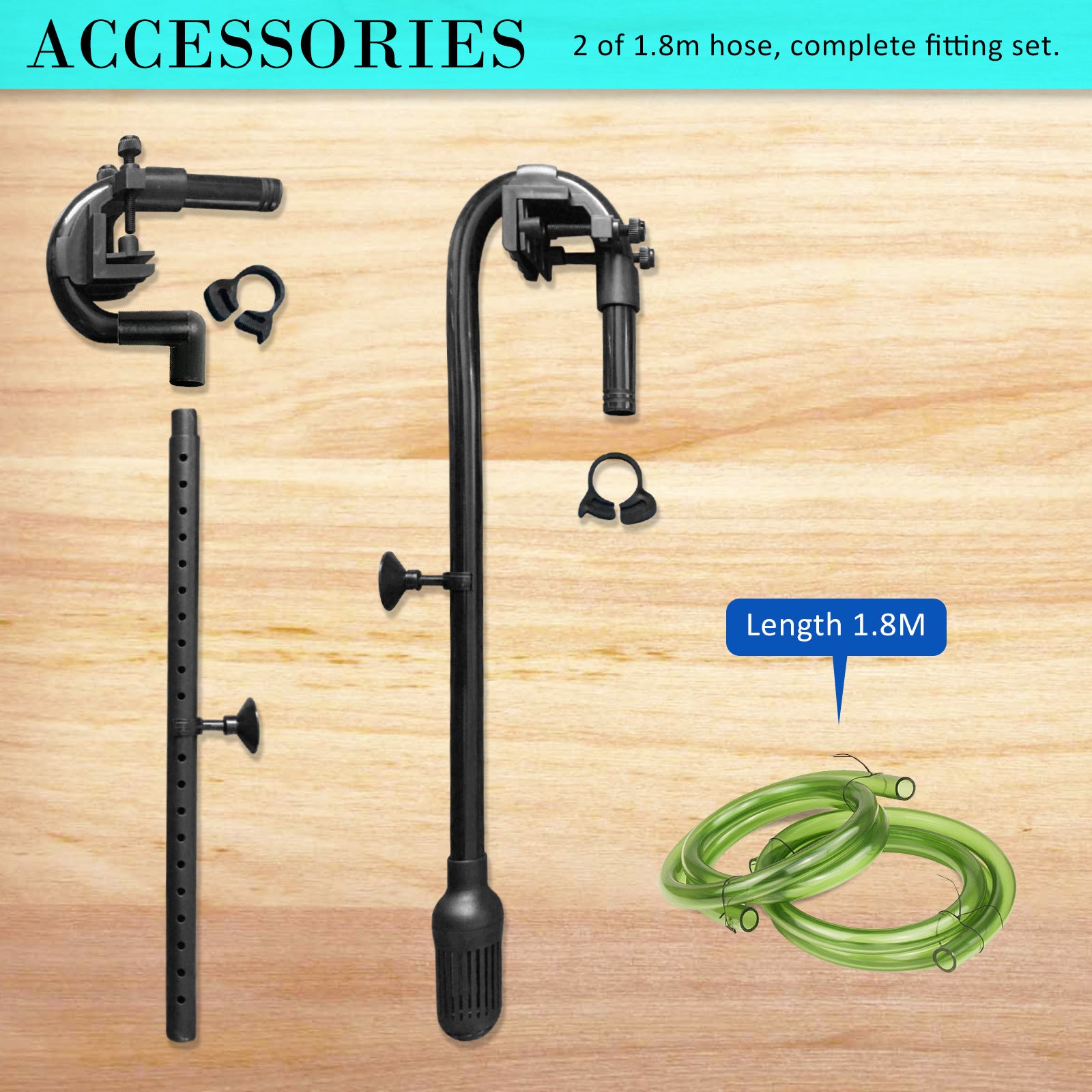 Black hose and fitting set for the Dynamic Power 1400LH Canister Filter with green hose on a wooden background, labeled as accessories.