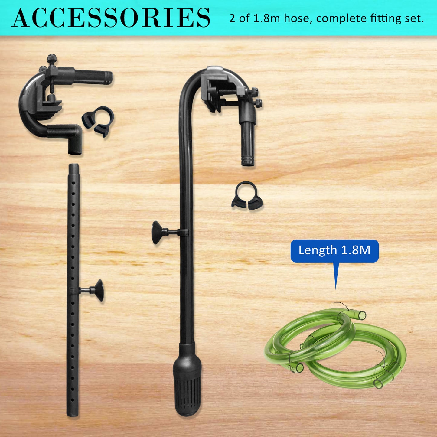 Black hose and fitting set for the Dynamic Power 1400LH Canister Filter with green hose on a wooden background, labeled as accessories.