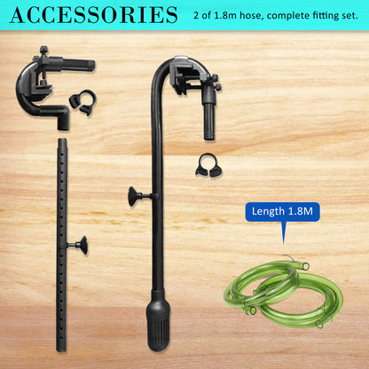 Black hose and fitting set for the Dynamic Power 1400LH Canister Filter with green hose on a wooden background, labeled as accessories.