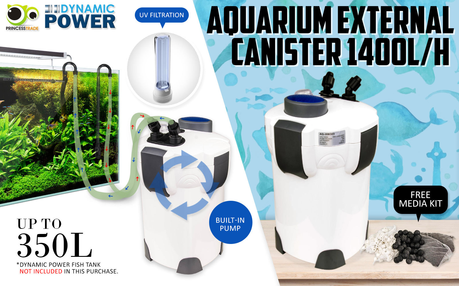 Dynamic Power Aquarium external canister filter with Dynamic Power branding and product details.