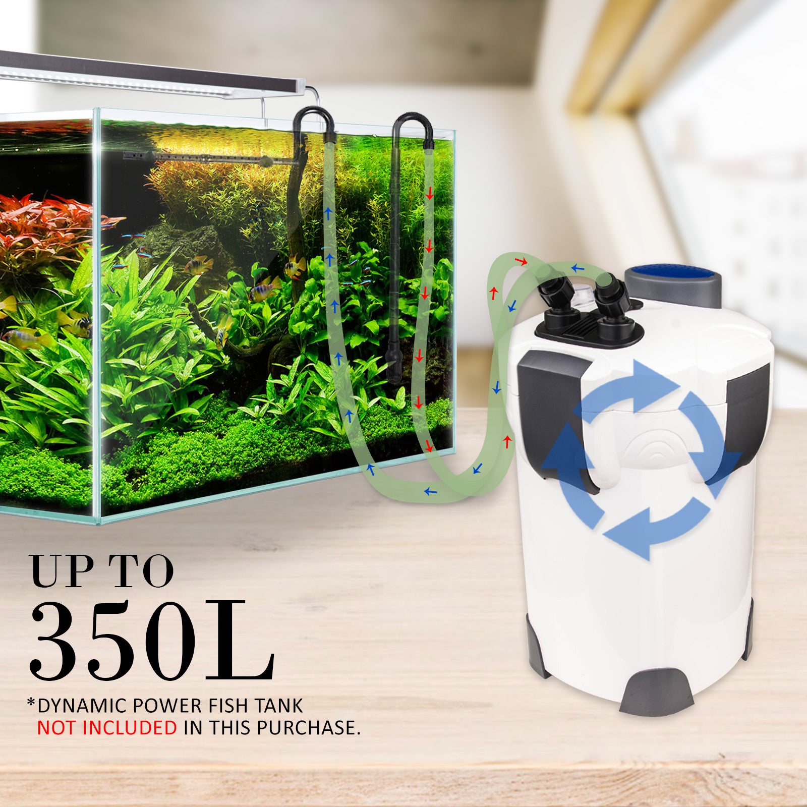 Fish tank with Dynamic Power 1400LH Cansiter filter on a wooden surface with up to 350L information