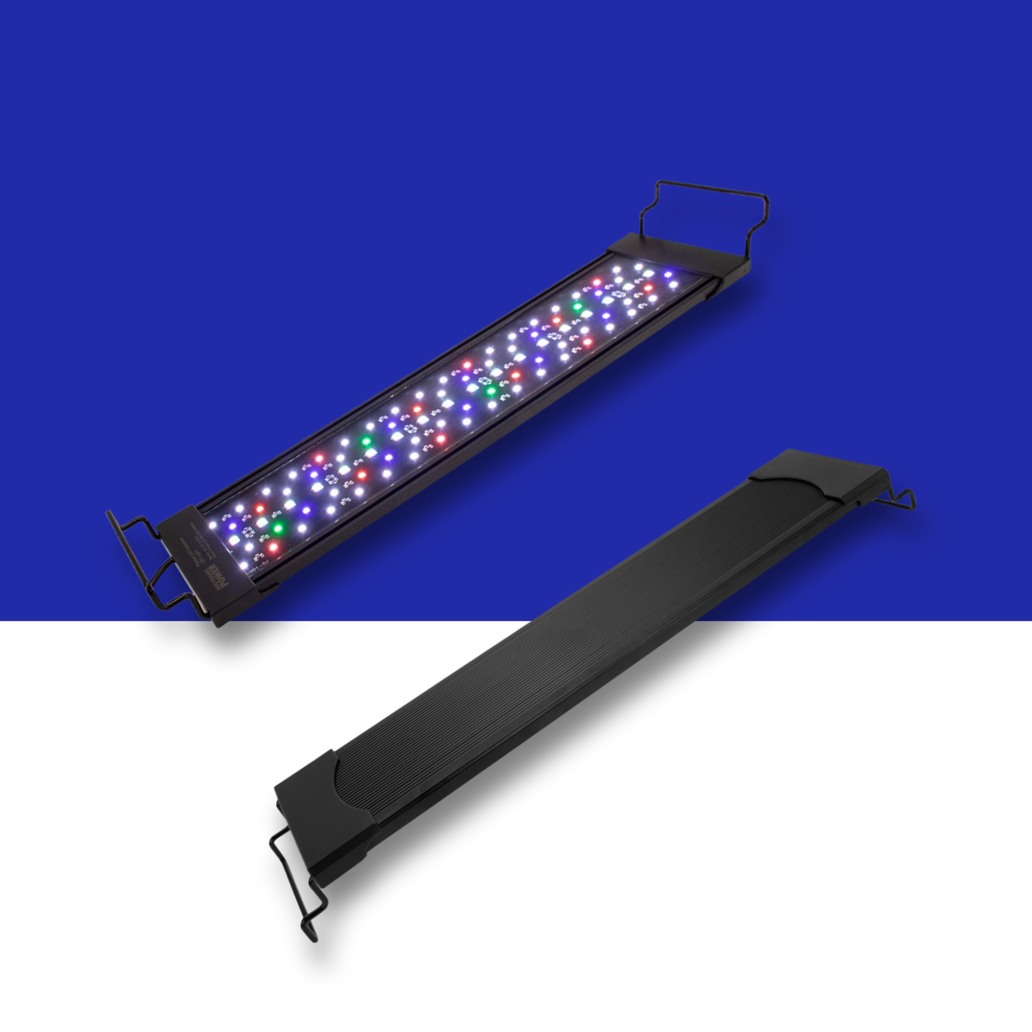 Two black RGB LED Aquarium light bars shown on a split blue-and-white background. One bar is open, displaying multiple illuminated LED lights in red, green, blue, and white, while the other is closed, showing its outer housing and wire bracket stands.