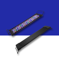 Two black RGB LED Aquarium light bars shown on a split blue-and-white background. One bar is open, displaying multiple illuminated LED lights in red, green, blue, and white, while the other is closed, showing its outer housing and wire bracket stands.