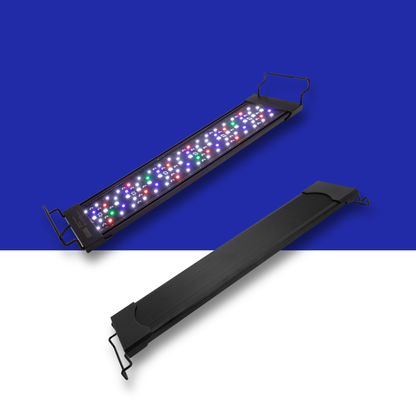 Two black RGB LED Aquarium light bars shown on a split blue-and-white background. One bar is open, displaying multiple illuminated LED lights in red, green, blue, and white, while the other is closed, showing its outer housing and wire bracket stands.