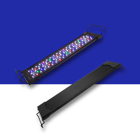 Two black RGB LED Aquarium light bars shown on a split blue-and-white background. One bar is open, displaying multiple illuminated LED lights in red, green, blue, and white, while the other is closed, showing its outer housing and wire bracket stands.