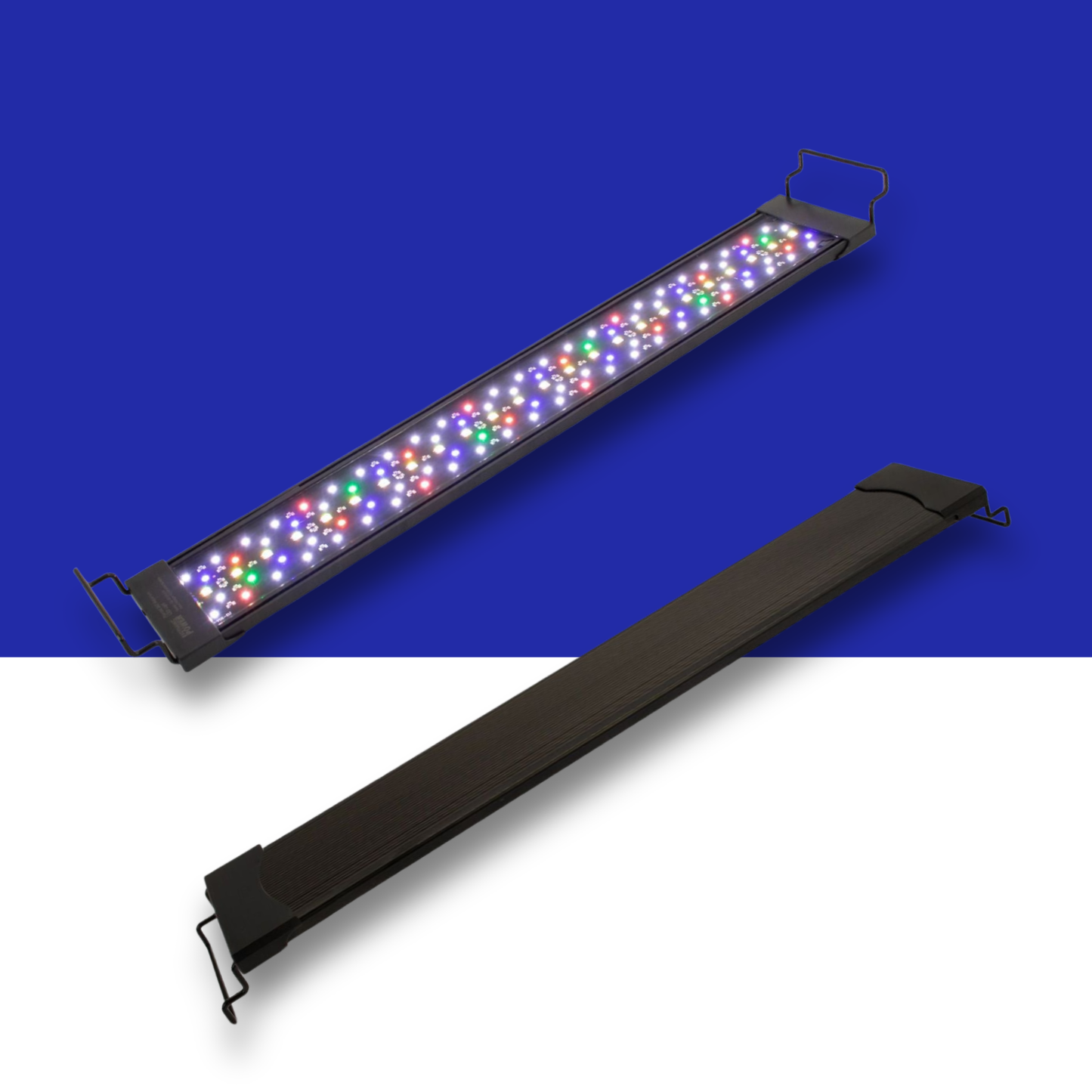 Two black RGB LED Aquarium light bars shown on a split blue-and-white background. One bar is open, displaying multiple illuminated LED lights in red, green, blue, and white, while the other is closed, showing its outer housing and wire bracket stands.