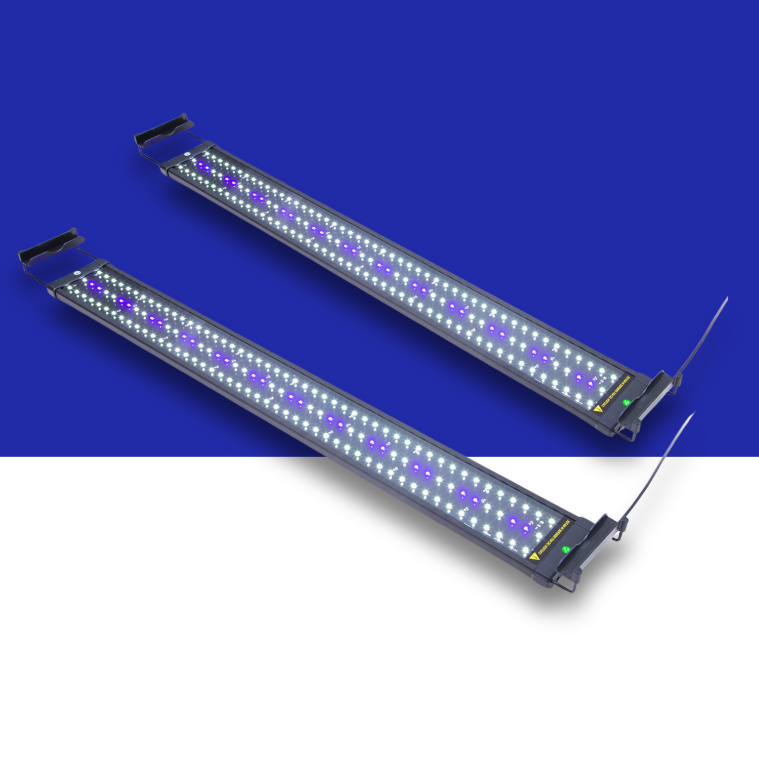Two LED blue and white LED light bars on a blue and white background