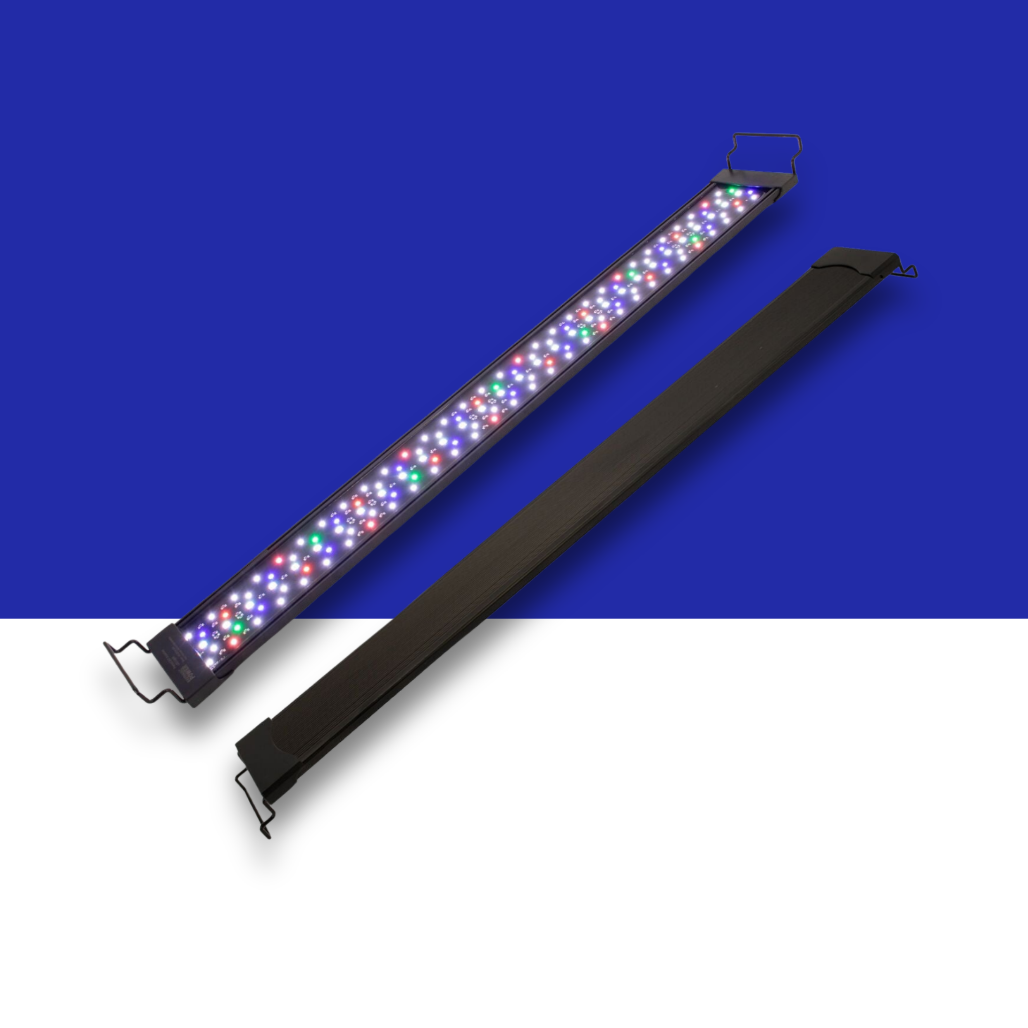 Two black RGB LED Aquarium light bars shown on a split blue-and-white background. One bar is open, displaying multiple illuminated LED lights in red, green, blue, and white, while the other is closed, showing its outer housing and wire bracket stands.