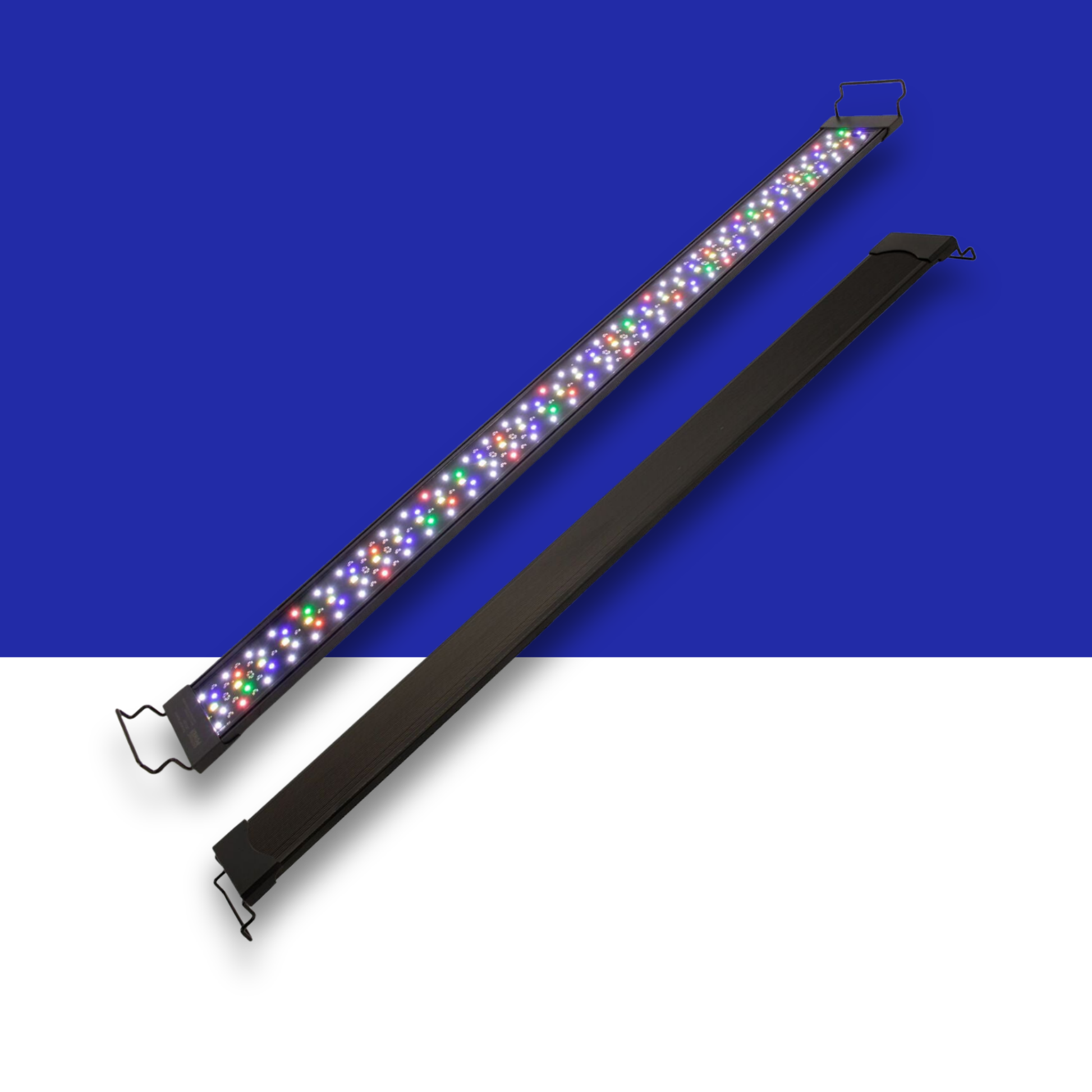 Two black RGB LED Aquarium light bars shown on a split blue-and-white background. One bar is open, displaying multiple illuminated LED lights in red, green, blue, and white, while the other is closed, showing its outer housing and wire bracket stands.