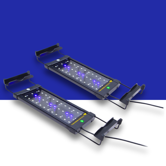 Two LED blue and white LED light bars on a blue and white background