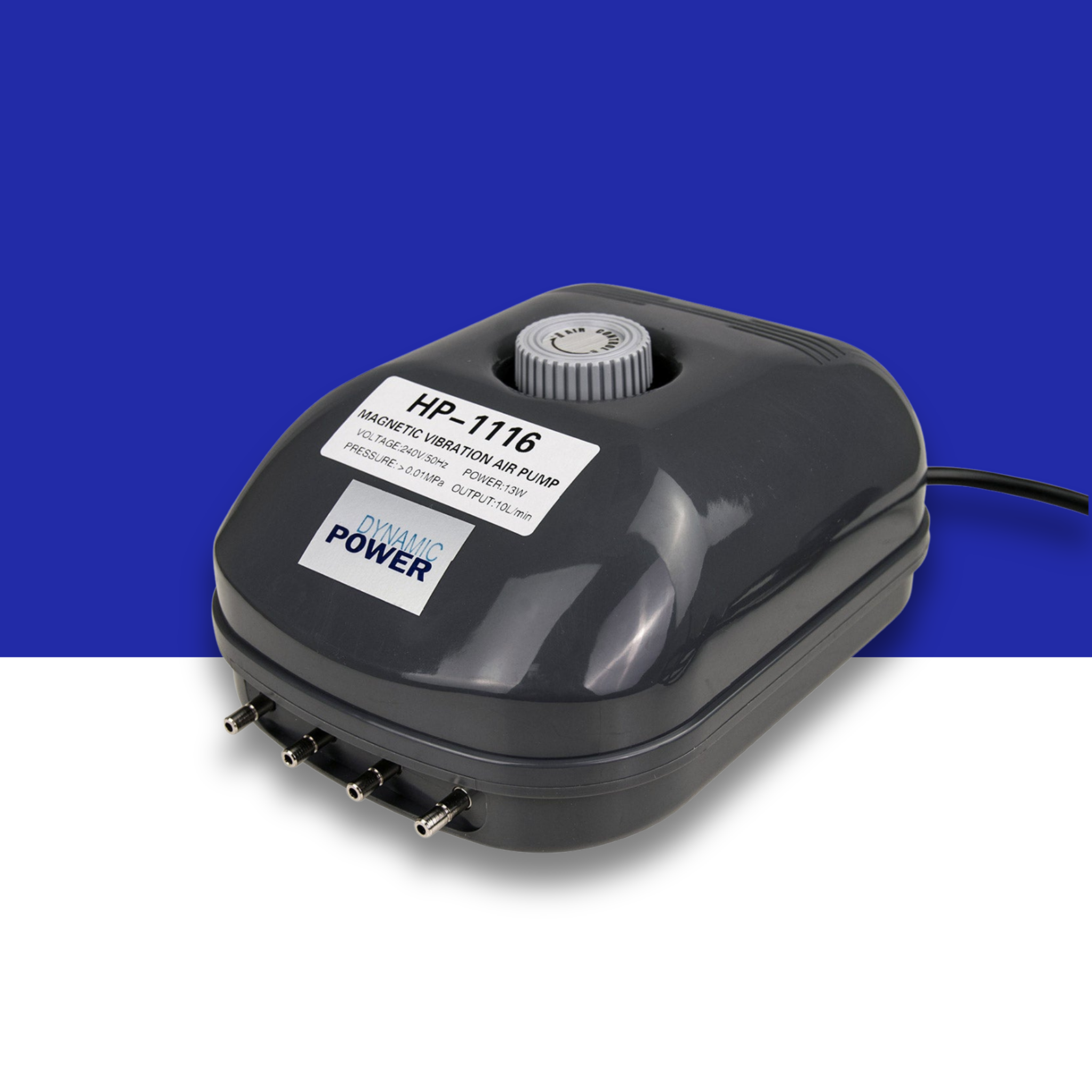 Air pump with 'Dynamic Power' branding on a blue and white background