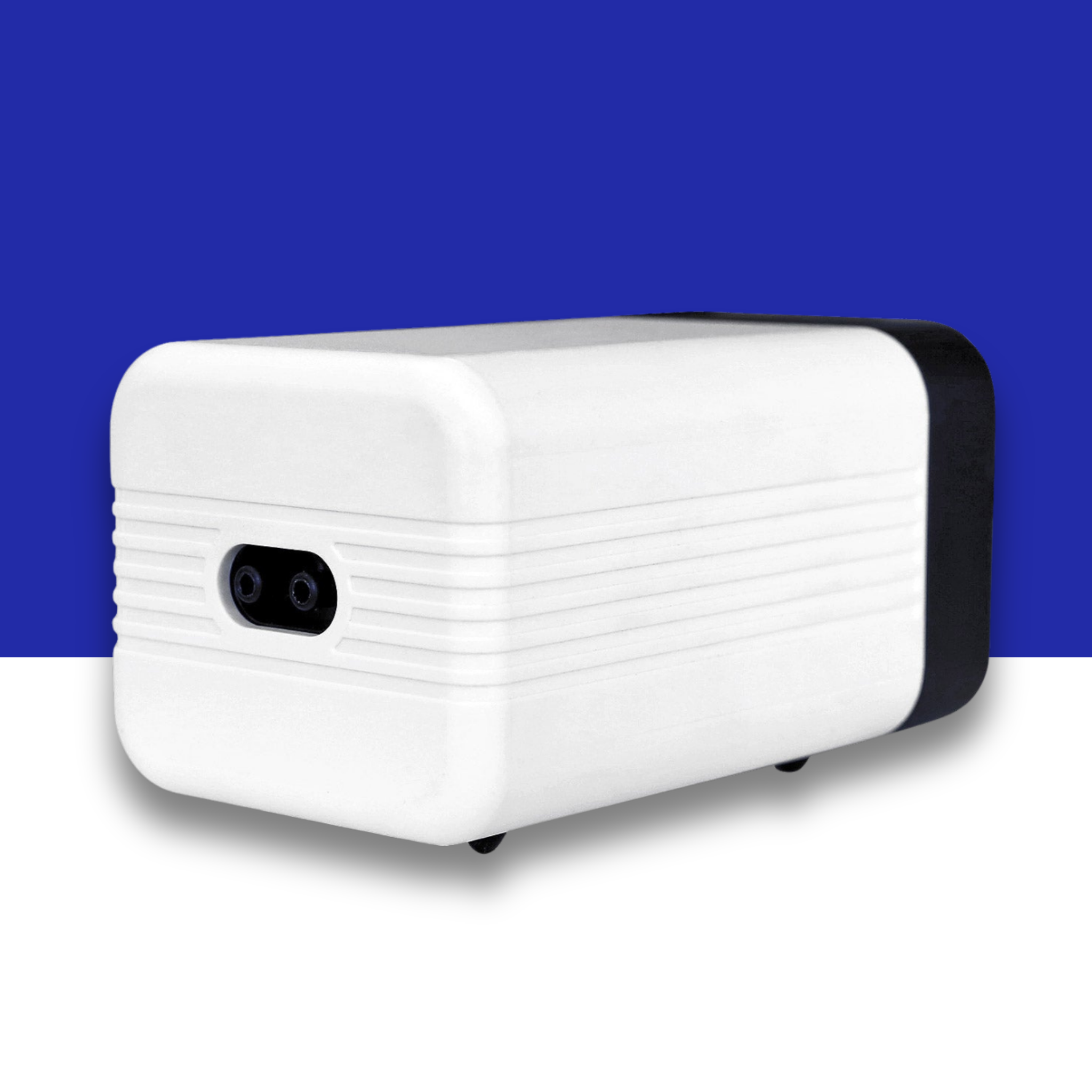White electronic air pump device with black accents on a blue and white background