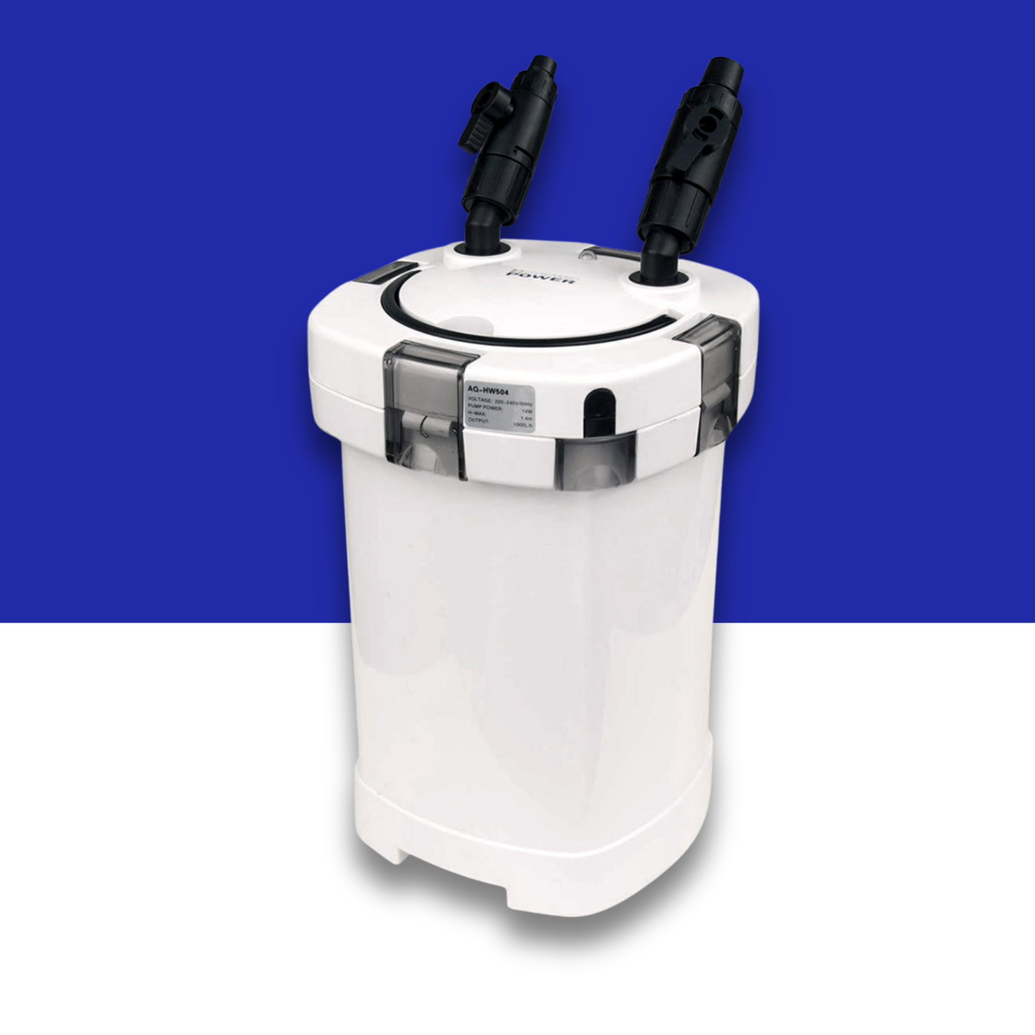 White aquarium canister filter with black connectors on a blue and white background