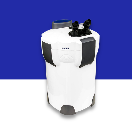 White and black canister filter on a blue and white background