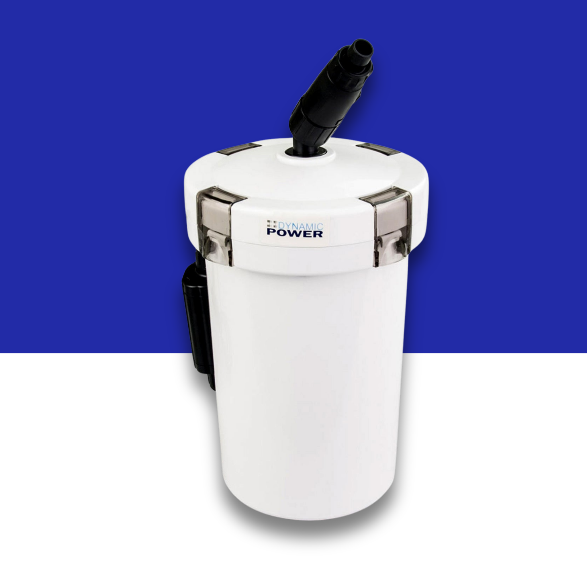 White canister filter with black nozzle on a blue and white background