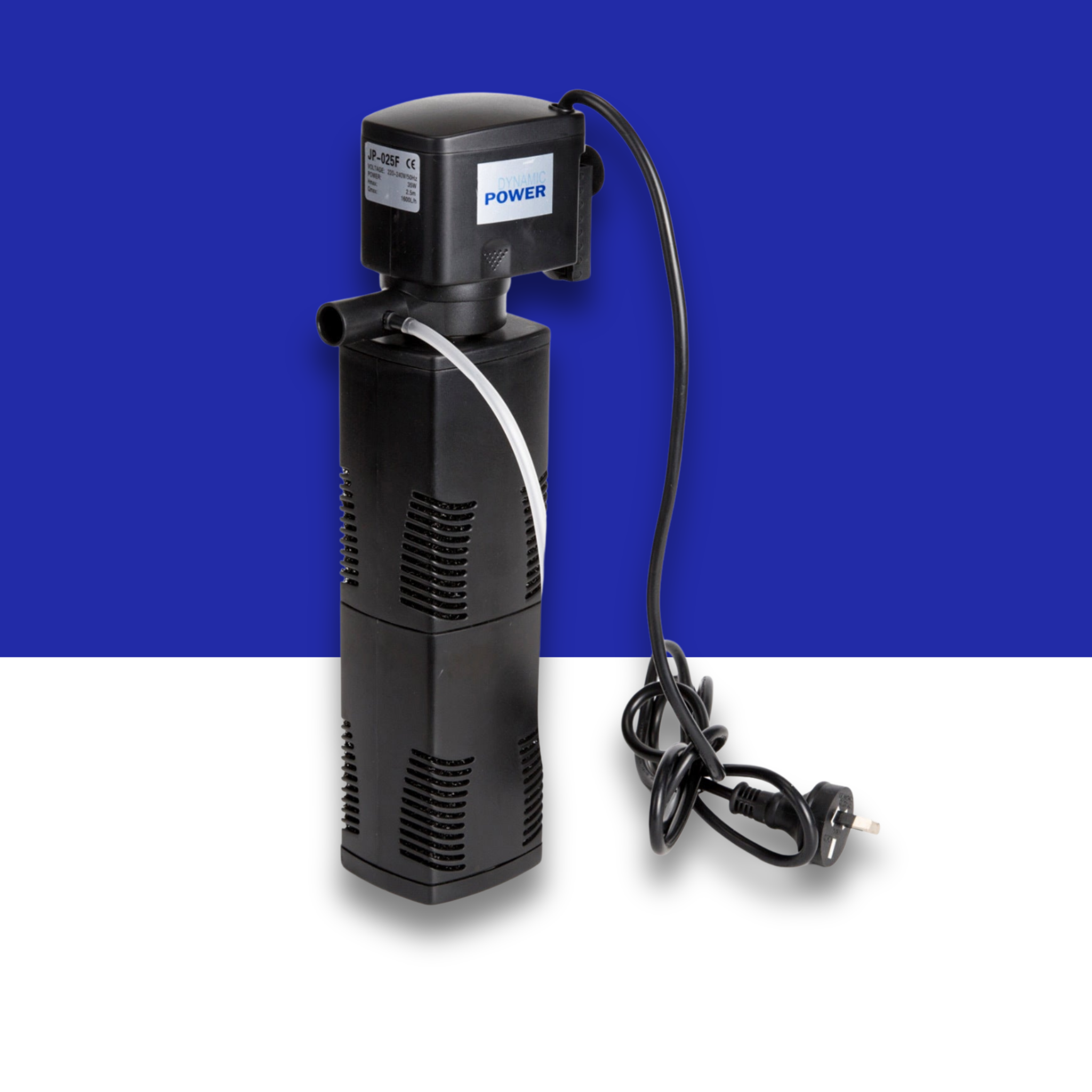 Black aquarium power filter with power cord on a blue and white background