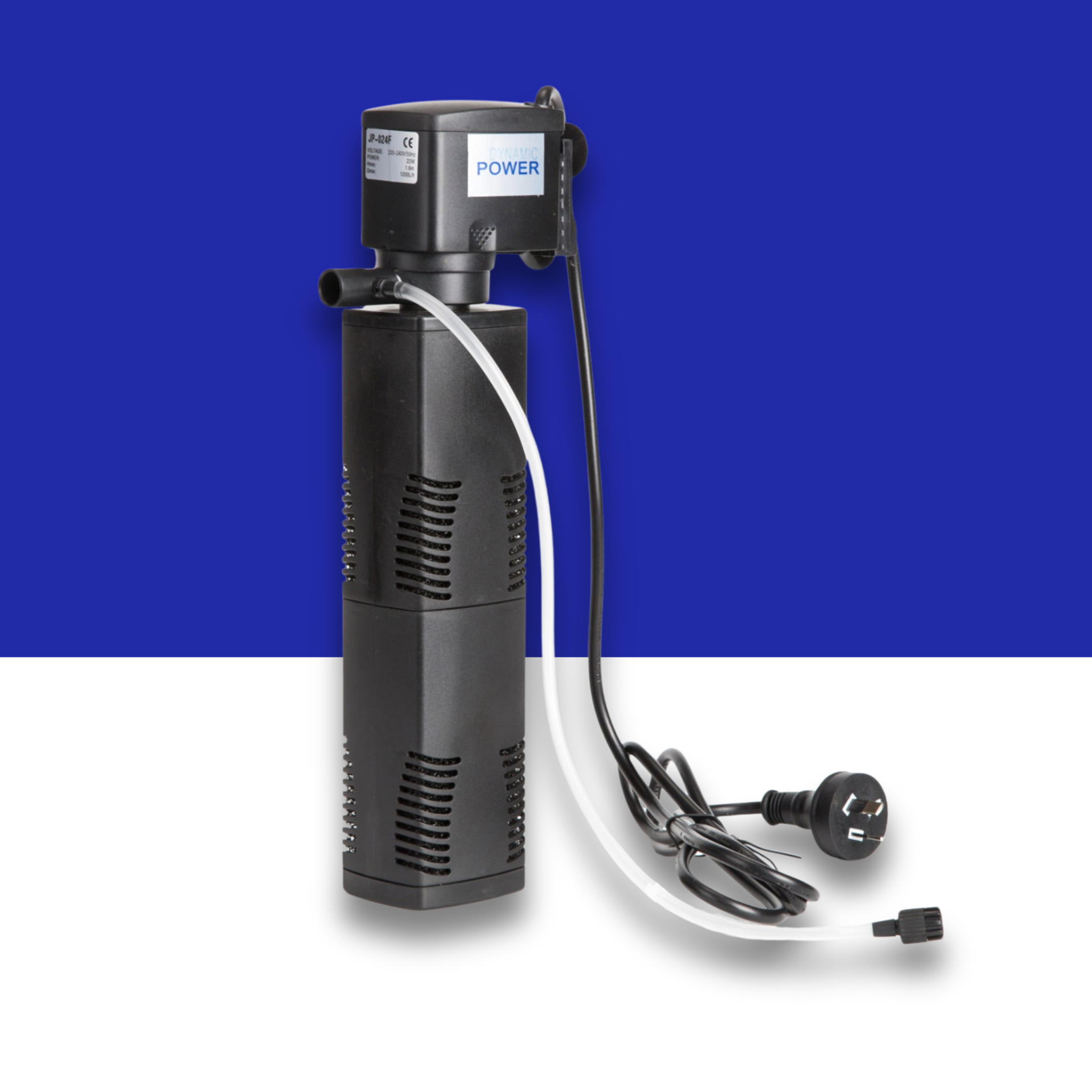 Black aquarium power filter with power cord on a blue and white background