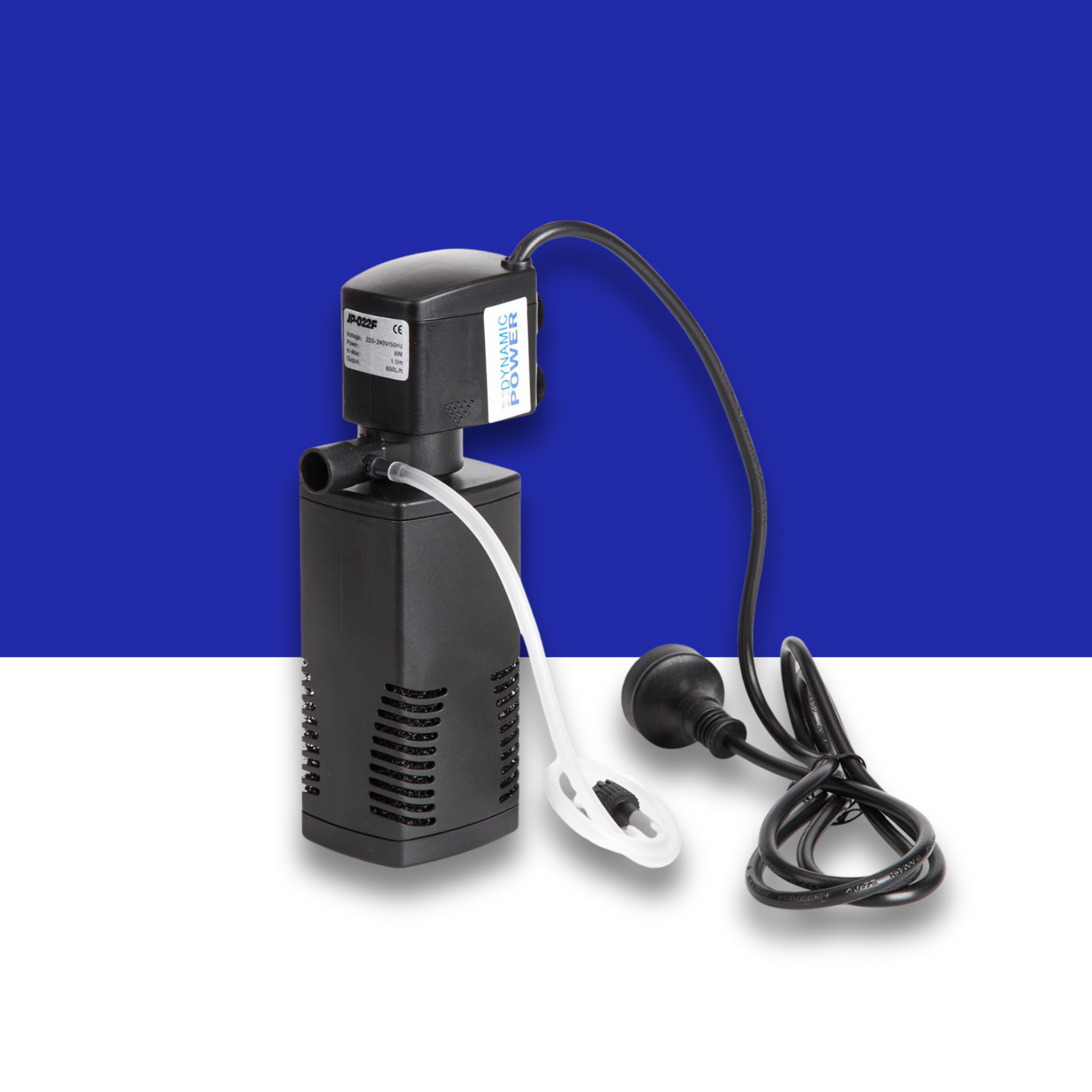 Black aquarium power filter with power cord on a blue and white background