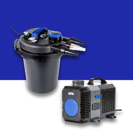 Black and blue water filter system on a blue and white background