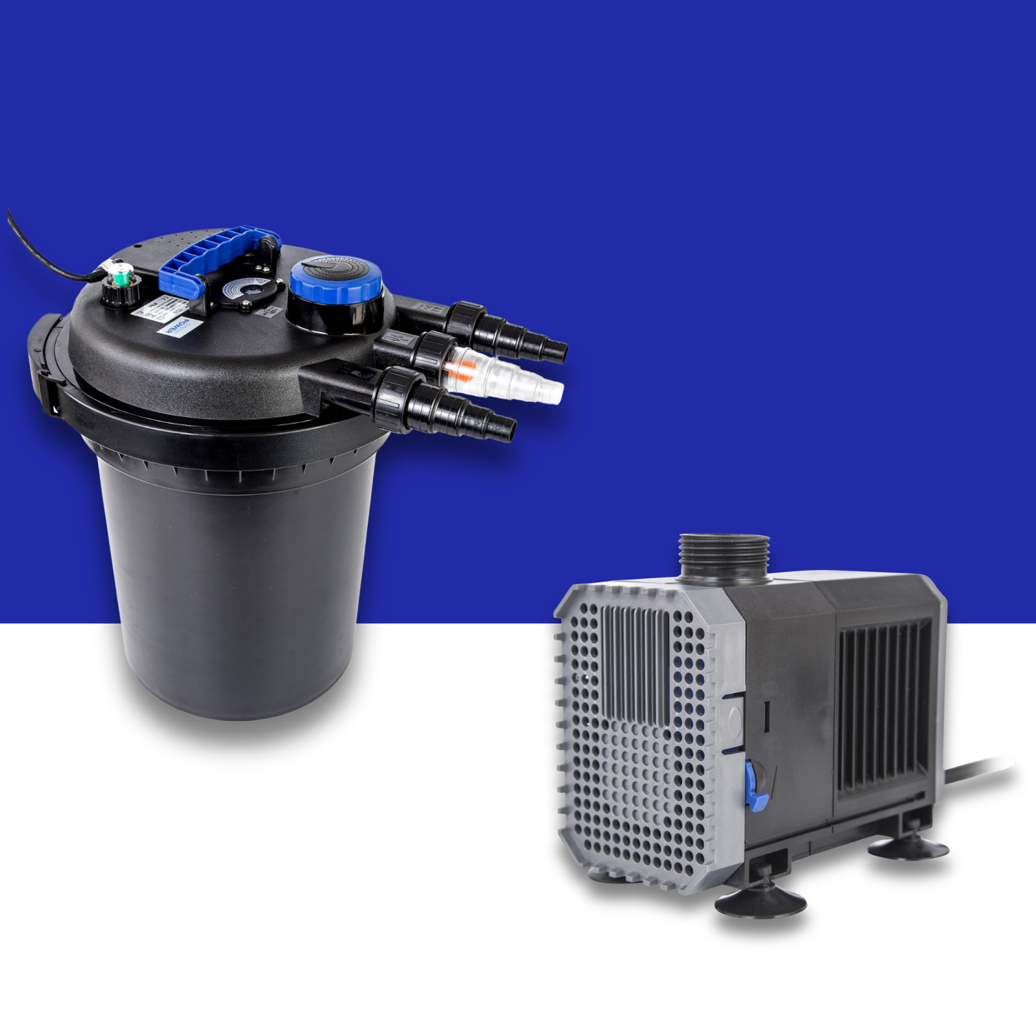 Black canister filter and pump on a blue and white background