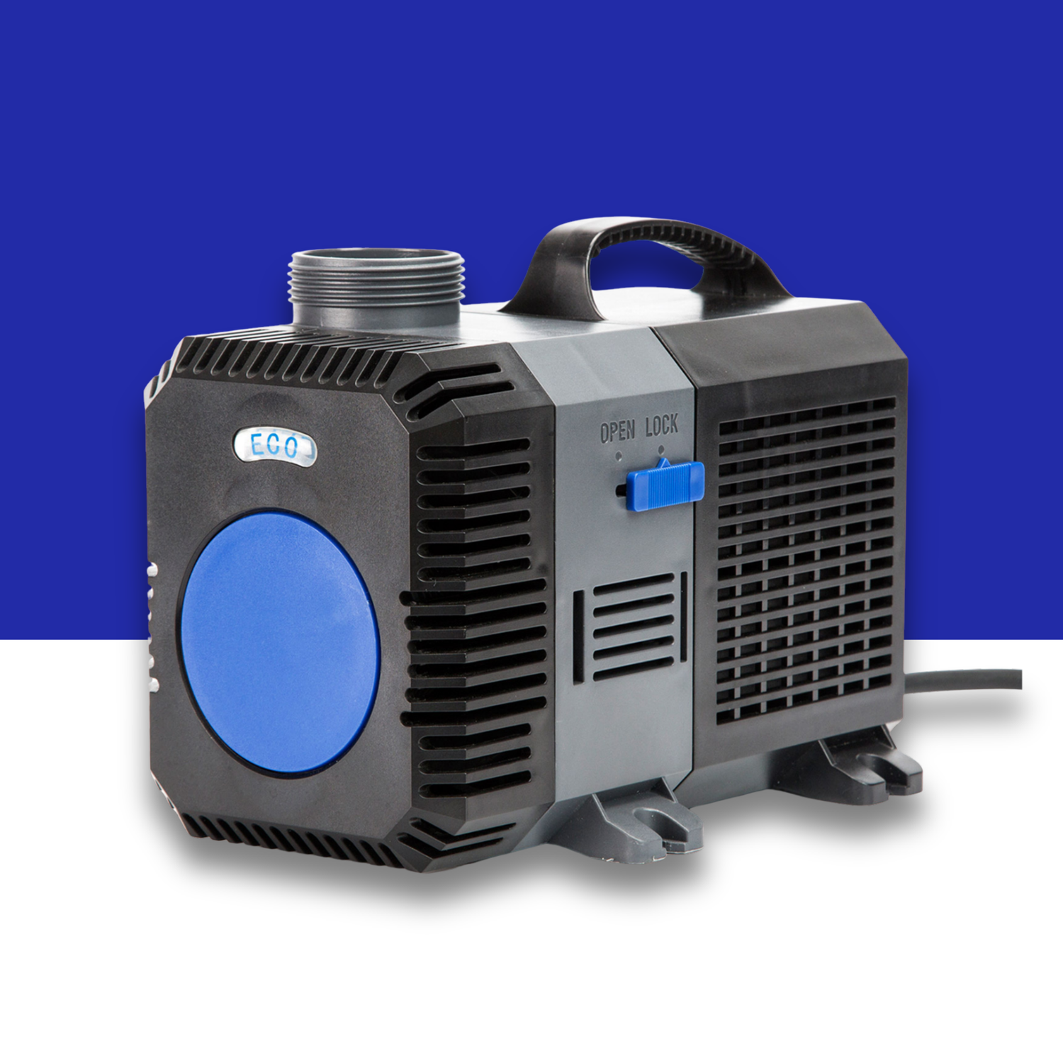 Black and gray pump with blue accents on a white and blue background