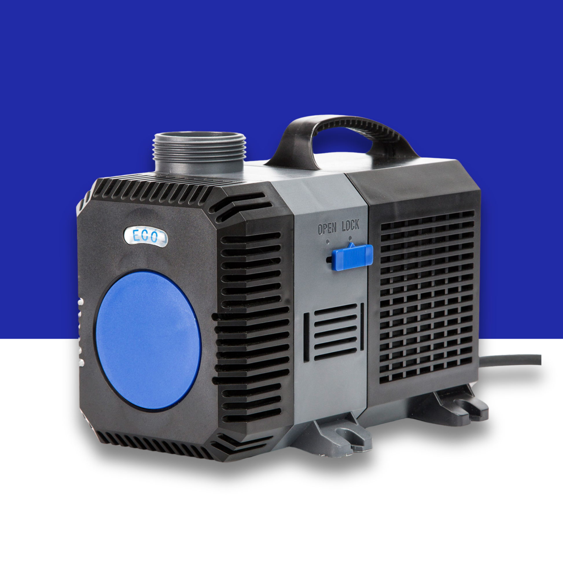 Black and gray pump with blue accents on a white and blue background