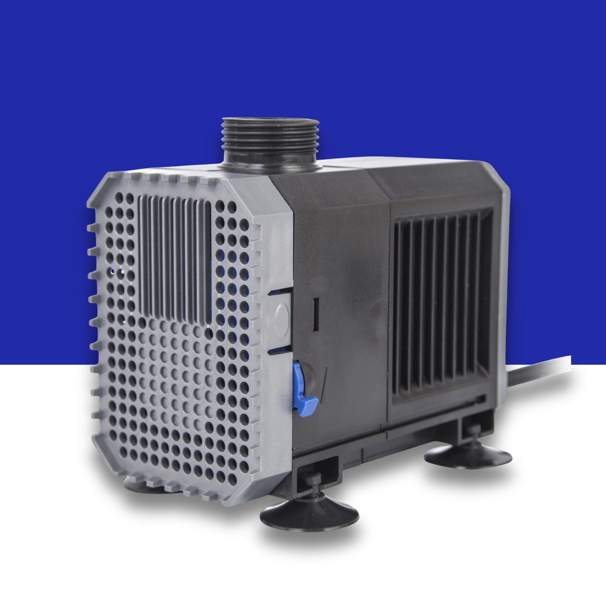 Gray submersible pump with intake holes on the front on a blue and white background