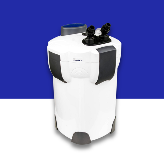 White and black aquarium canister filter on a blue and white background