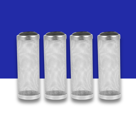 Four cylindrical metal filters with mesh design on a blue and white background