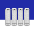 Four cylindrical metal filters with mesh design on a blue and white background