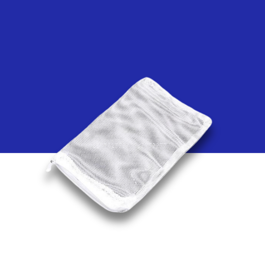 White mesh pouch on a blue and white background