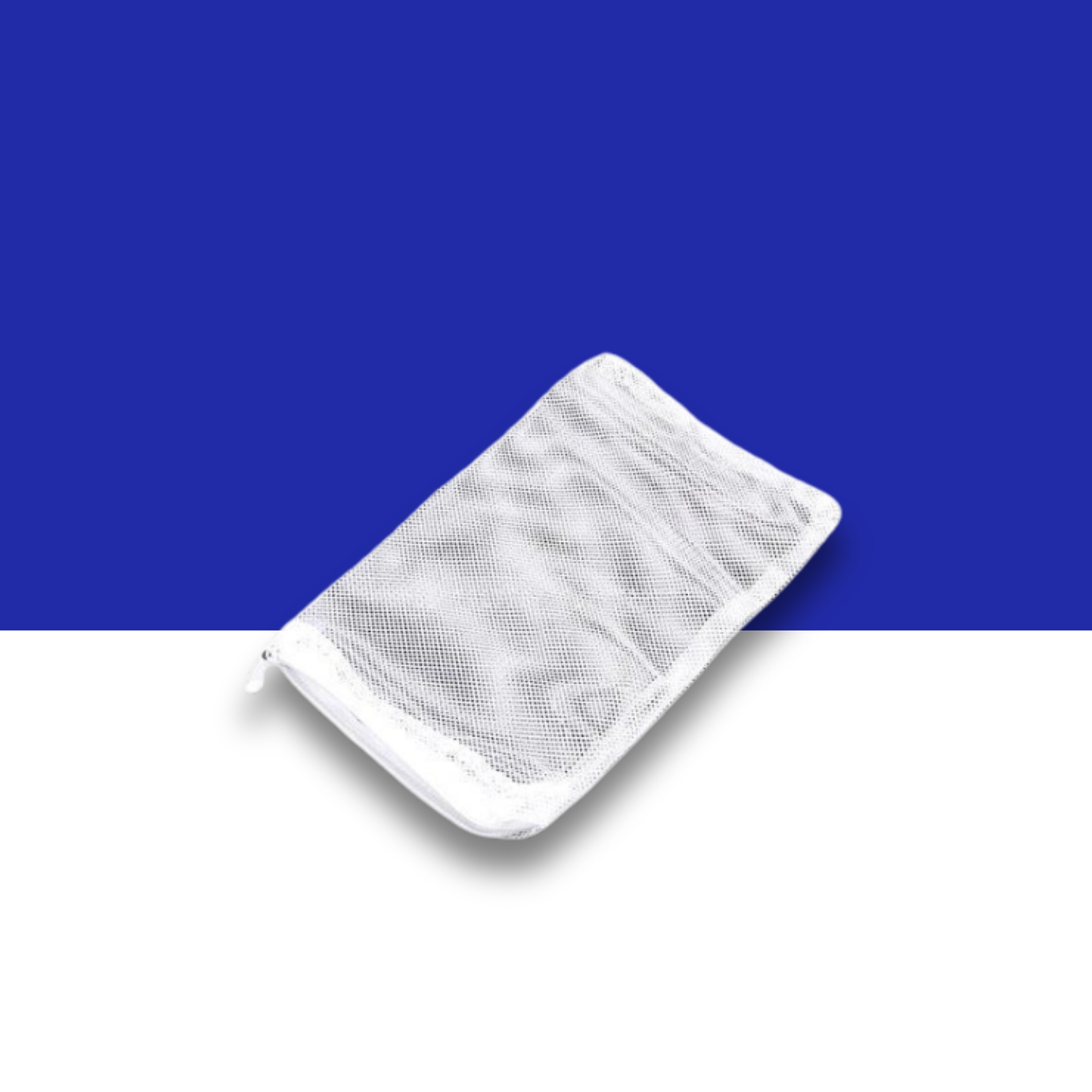 White mesh pouch on a blue and white background
