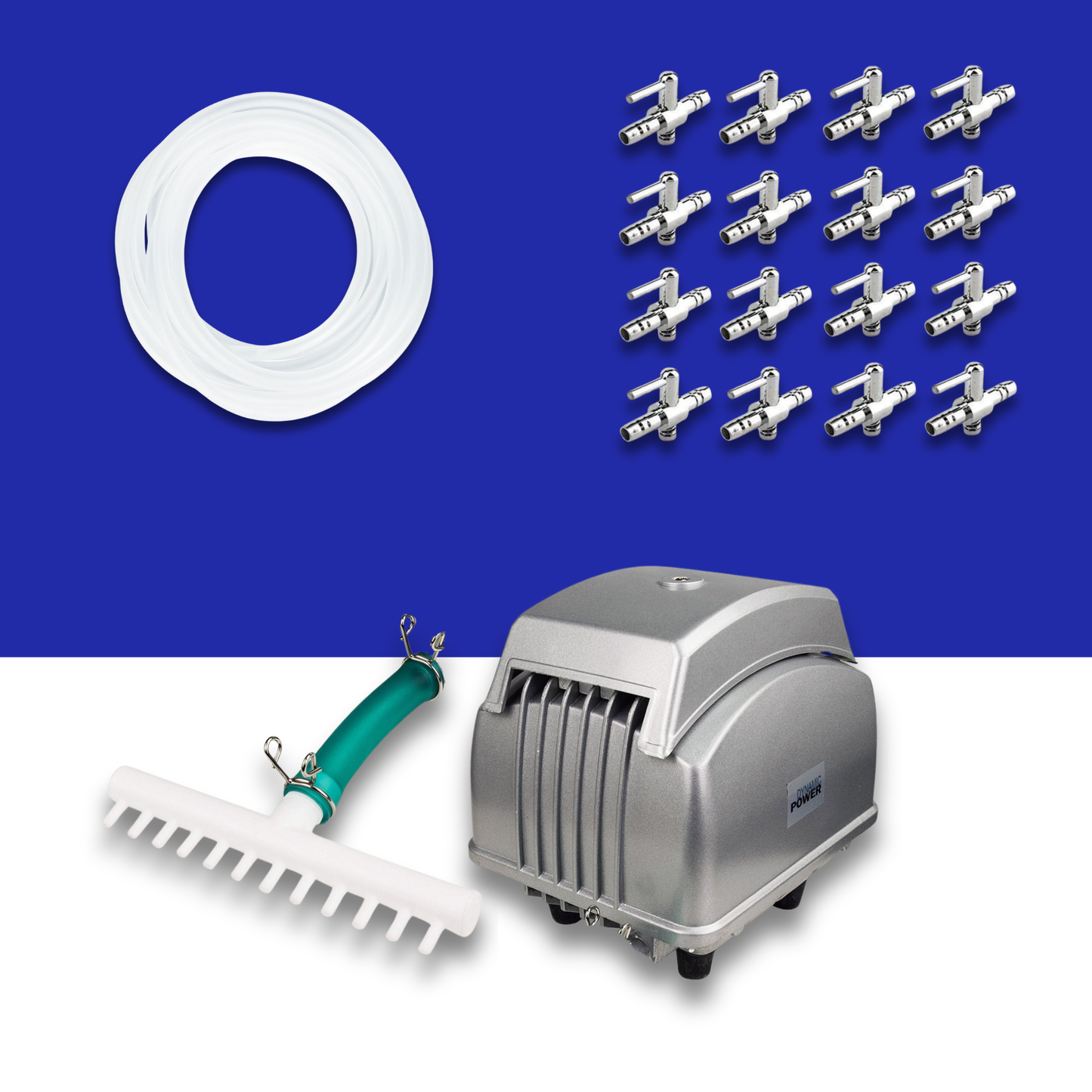 Set of Air pump system components including airline tubing, silver stainless steel valves, 12 outlet air pump, and black sponge filters on a blue and white background.