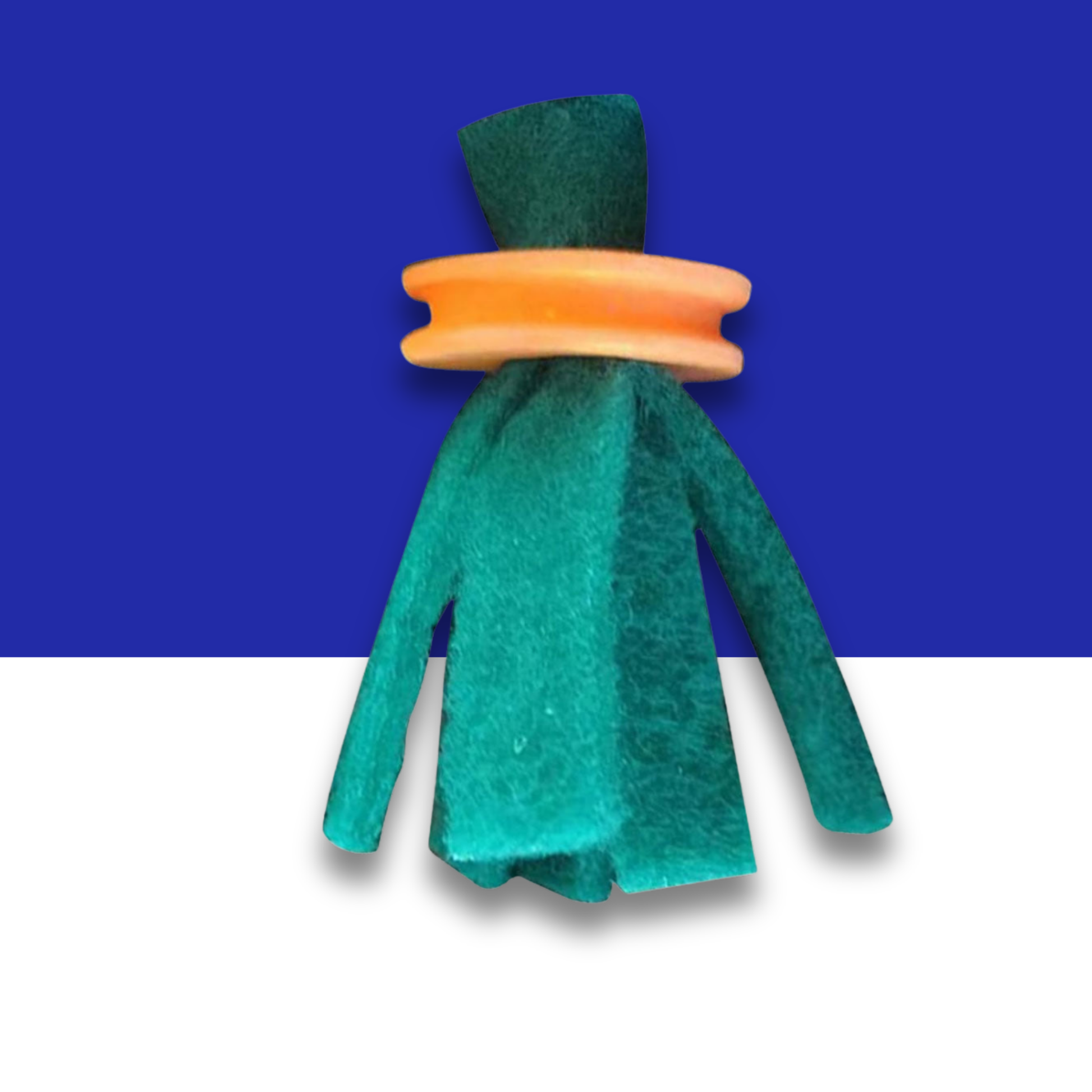 Green felt scarf with orange clip on a blue and white background