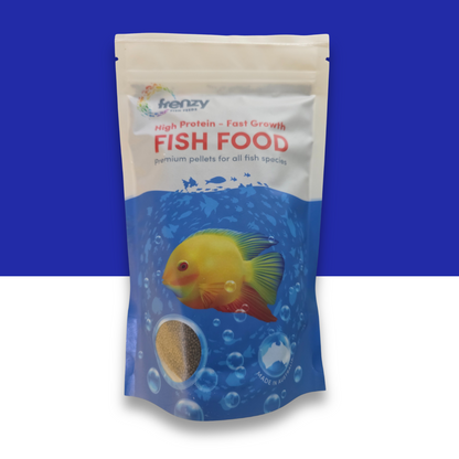Package of Frenzy fish food with a colorful fish illustration on a blue background