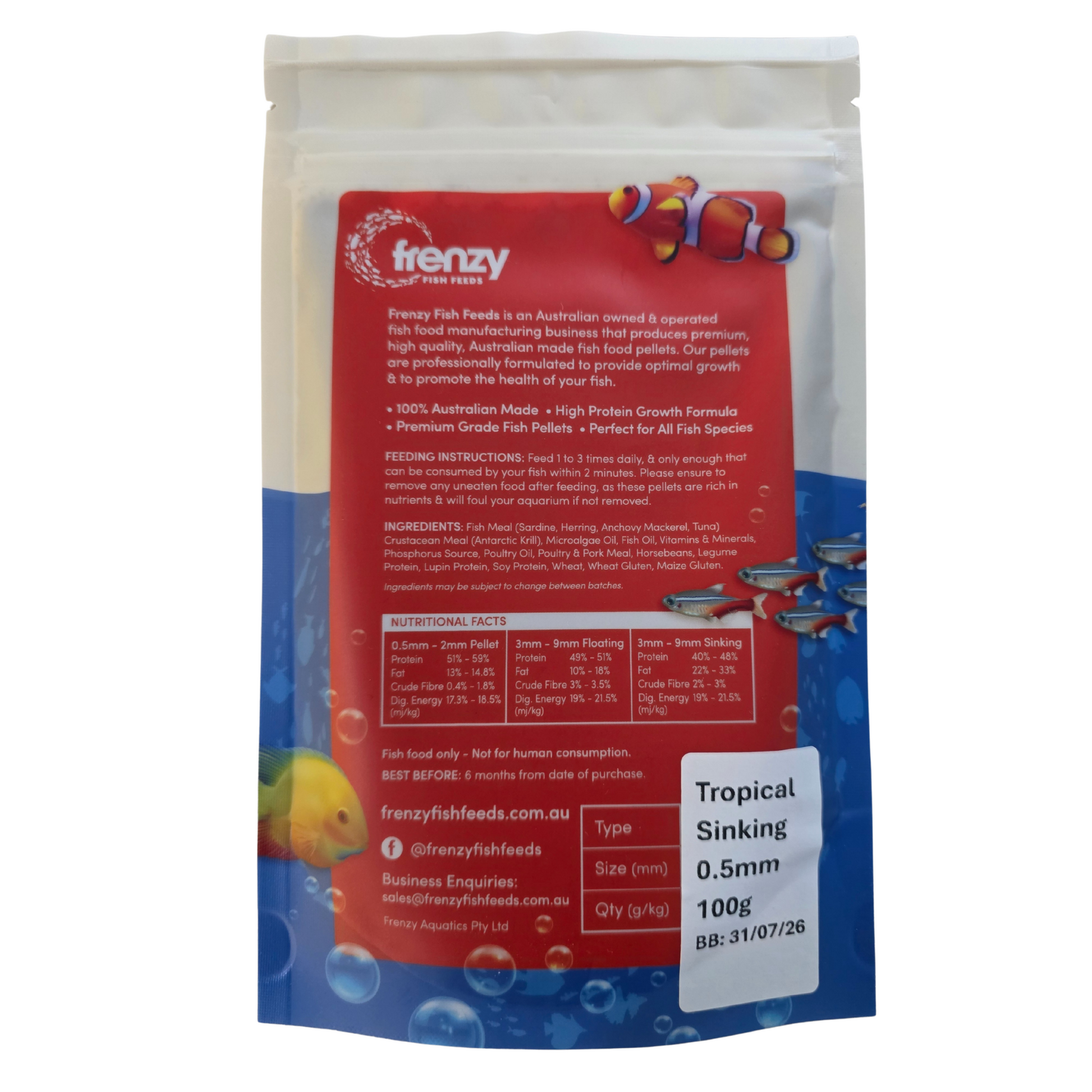 Frenzy fish food packaging with red and blue design on a white background