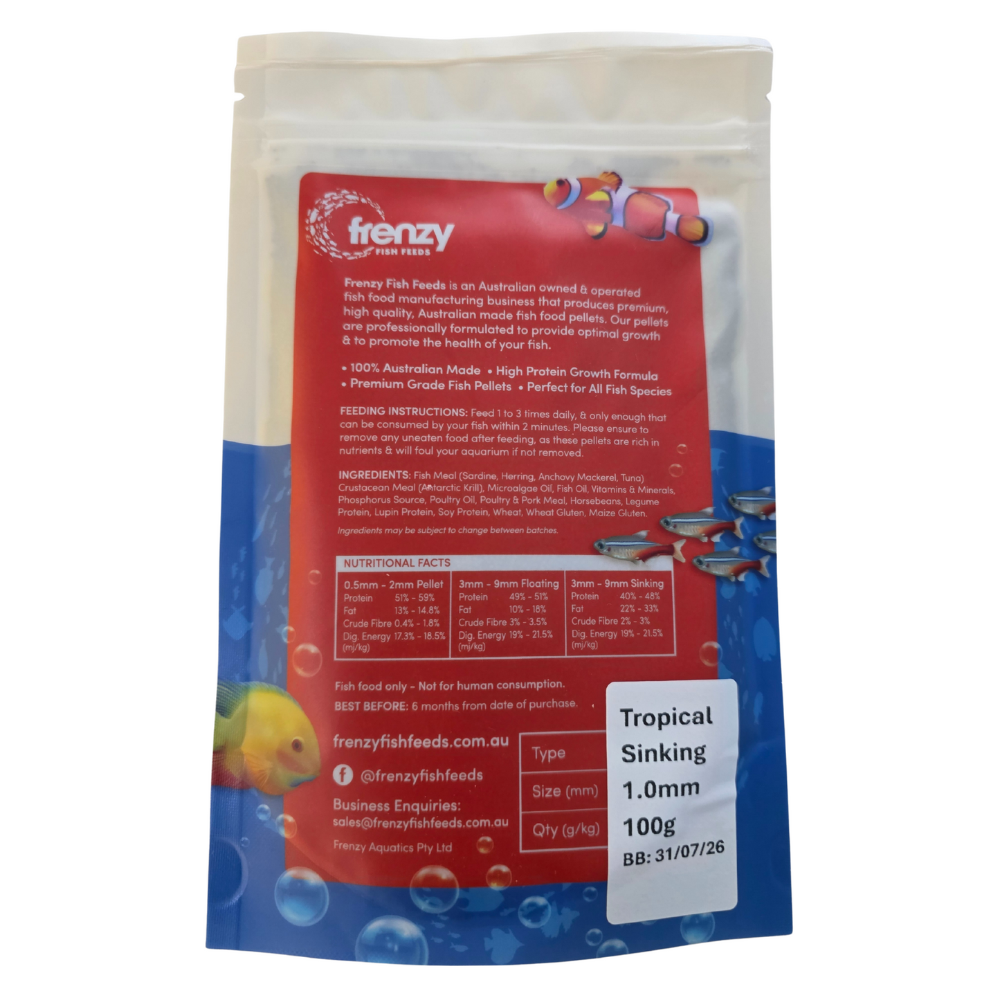 Frenzy fish food package with red label and blue border on a white background