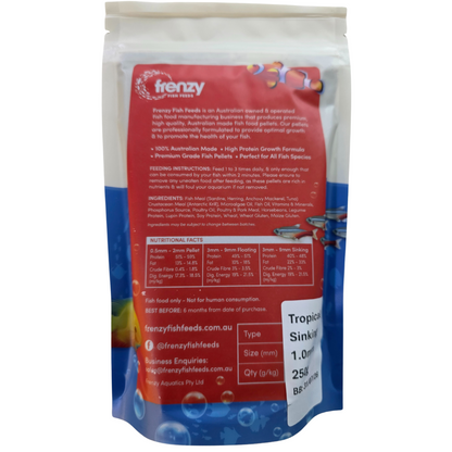 Frenzy fish food packaging with nutritional information on a white background