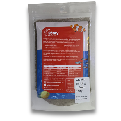 A 100g pouch of Frenzy Cichlid Sinking food for aquarium fish, featuring a clear stand-up bag with a detailed red, blue, and white label on a white background.