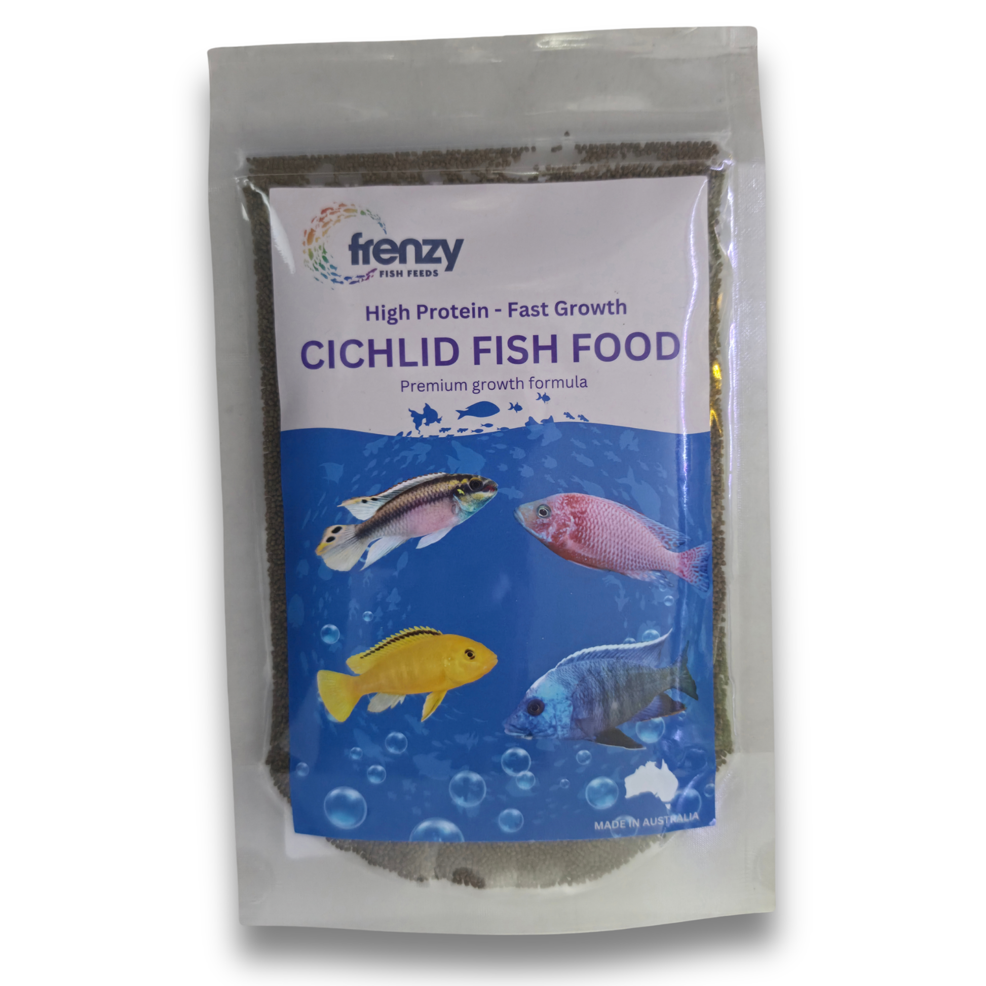 A stand-up pouch of 100g Frenzy Cichlid Fish Food on a plain white background. The pouch is clear plastic showing dark brown granules inside, with a front label featuring a blue background and illustrations of several colorful fish.