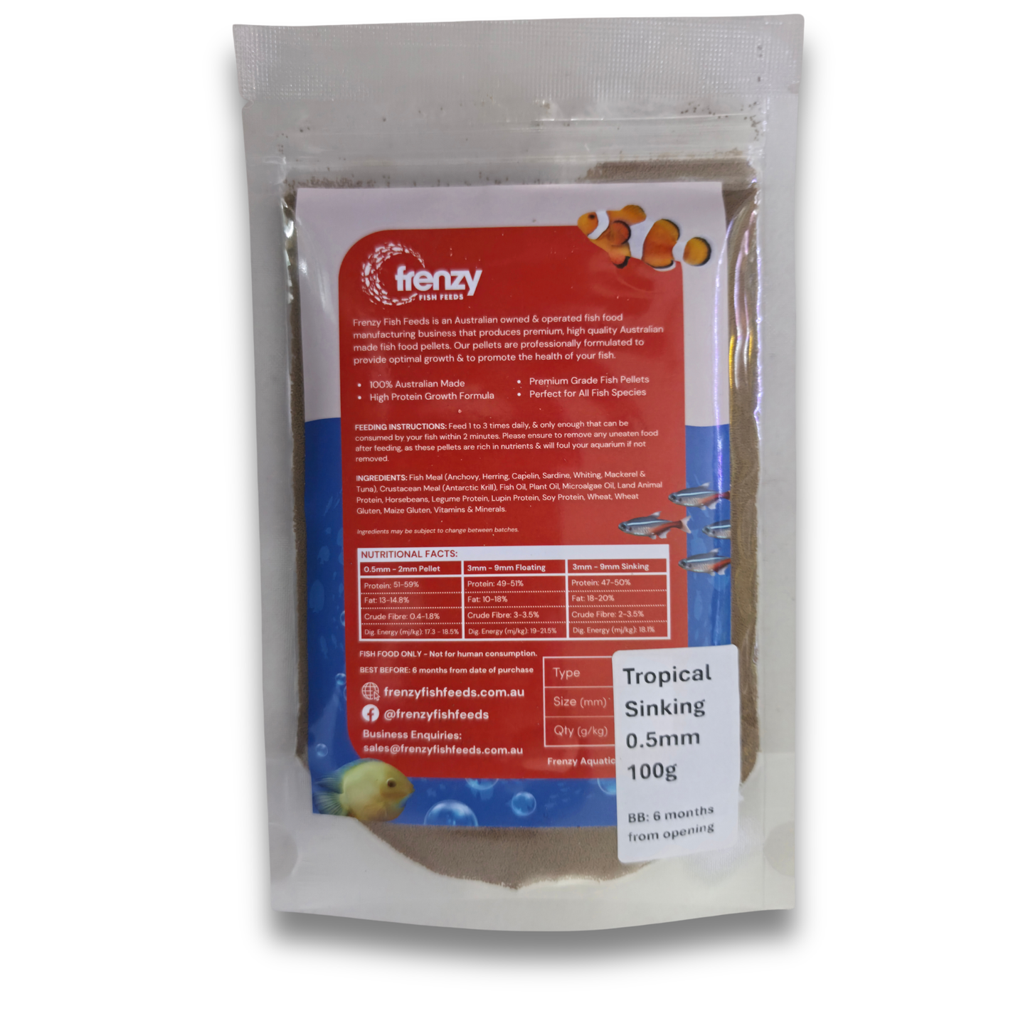 A stand-up pouch of Frenzy Tropical Sinking 0.5mm fish food, 100g, shown against a plain white background.