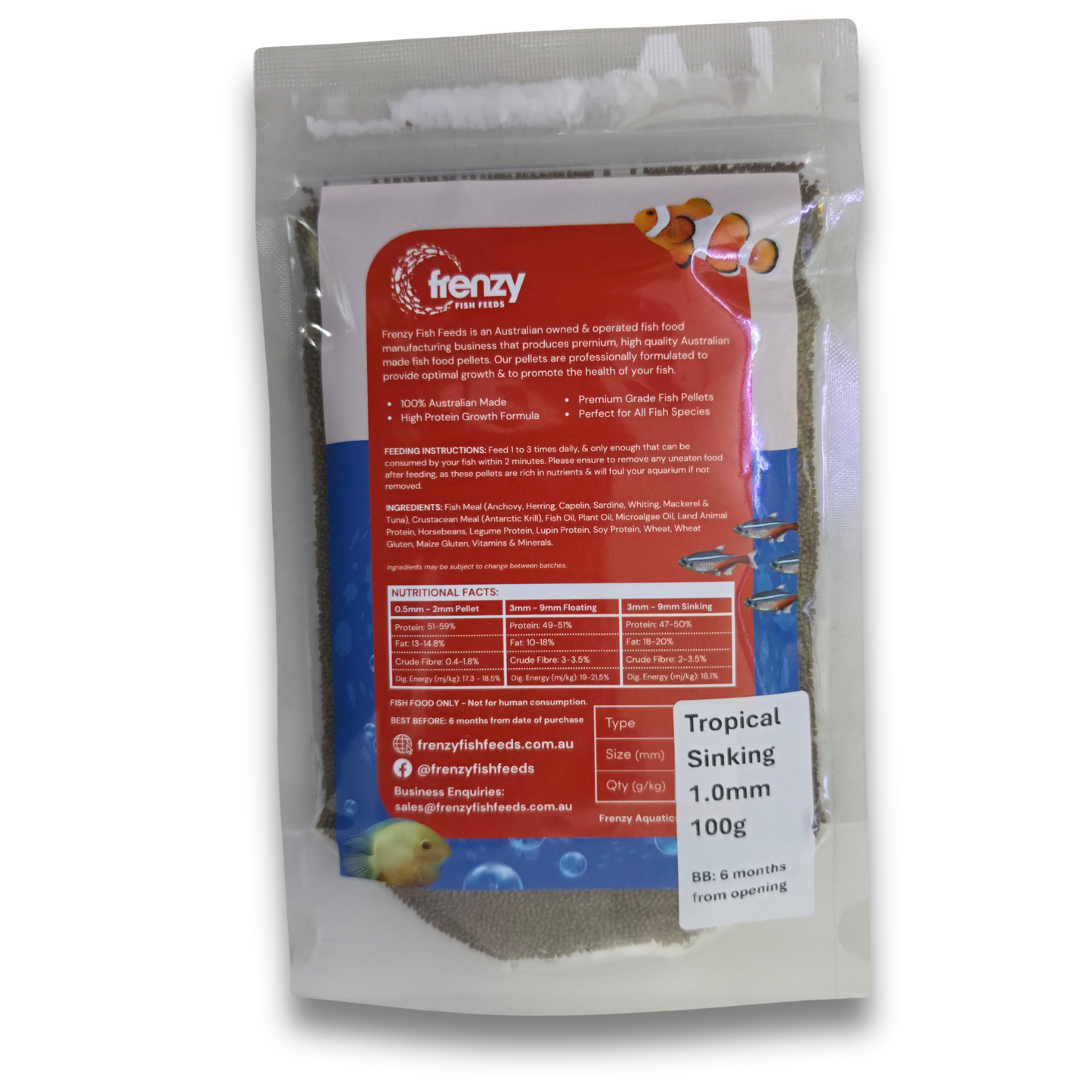 A 100g pouch of Frenzy Tropical Sinking 1.0mm live food for fish, featuring a clear stand up pouch with a detailed red and blue label, set against a plain white background.