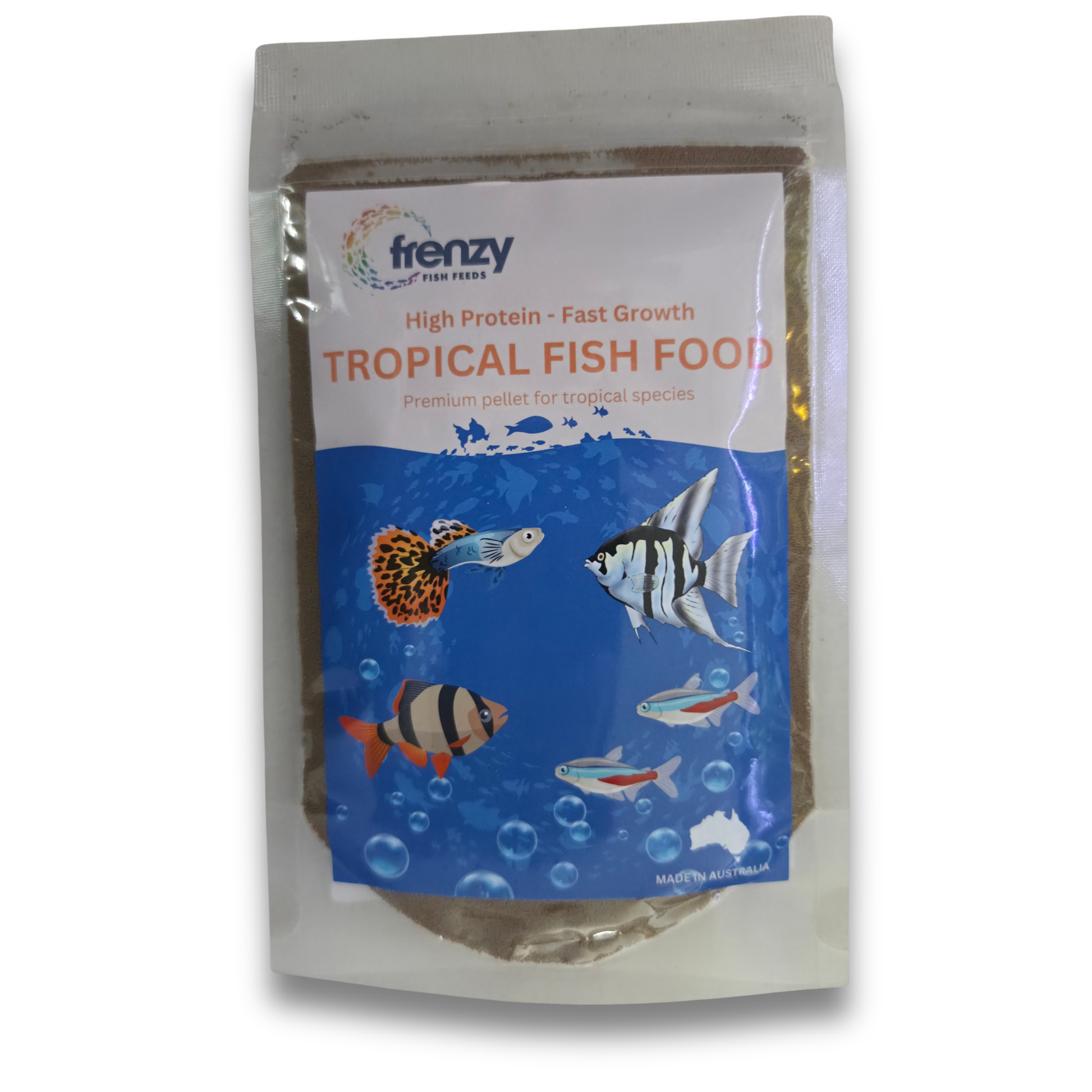 A stand-up pouch of Frenzy Tropical Fish Food, featuring a white and blue label with illustrations of various tropical fish, set against a plain white background.